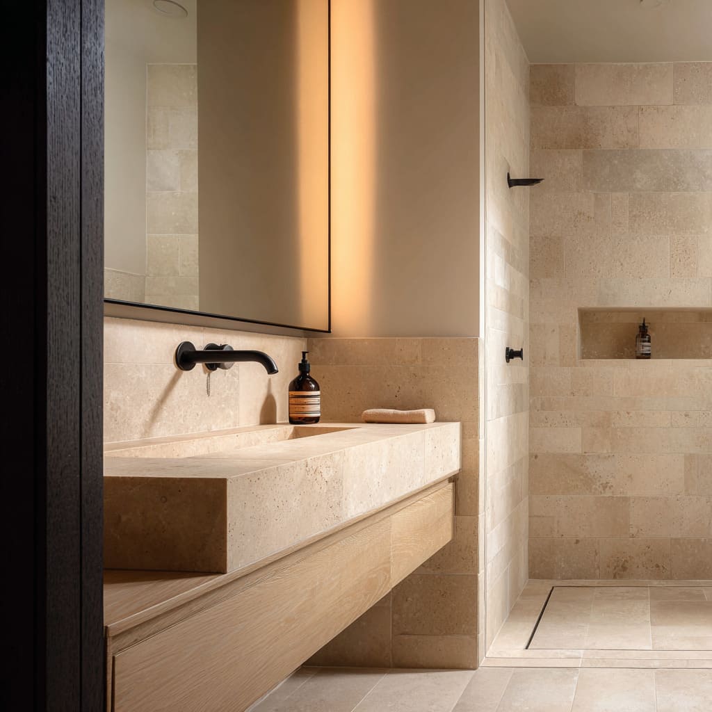 Solid look chunky sink design with warm light strip and discreet black notes into shower zone. Solid look chunky sink design with warm light strip and discreet black notes into shower zone.