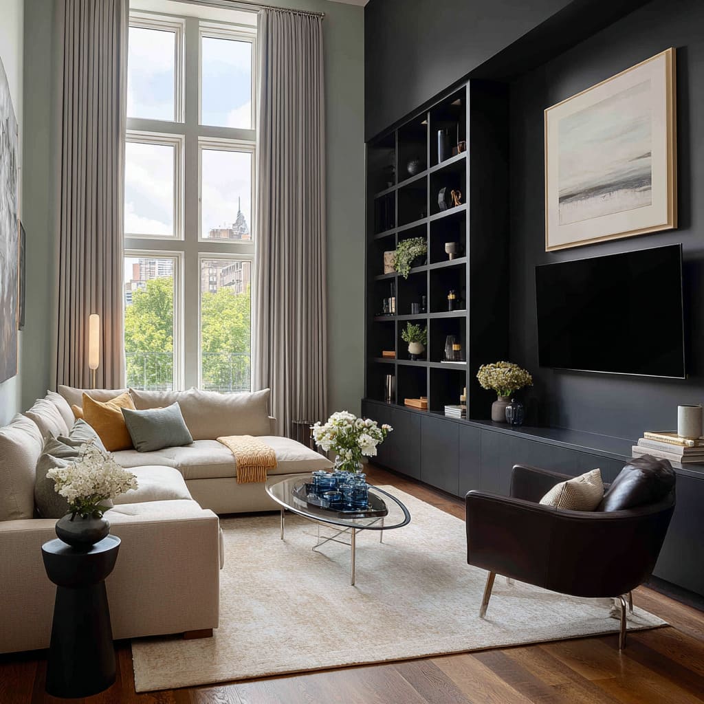 Strong charcoal built-in wall that frames daylight, making the room feel taller and calmer Strong charcoal built-in wall that frames daylight, making the room feel taller and calmer