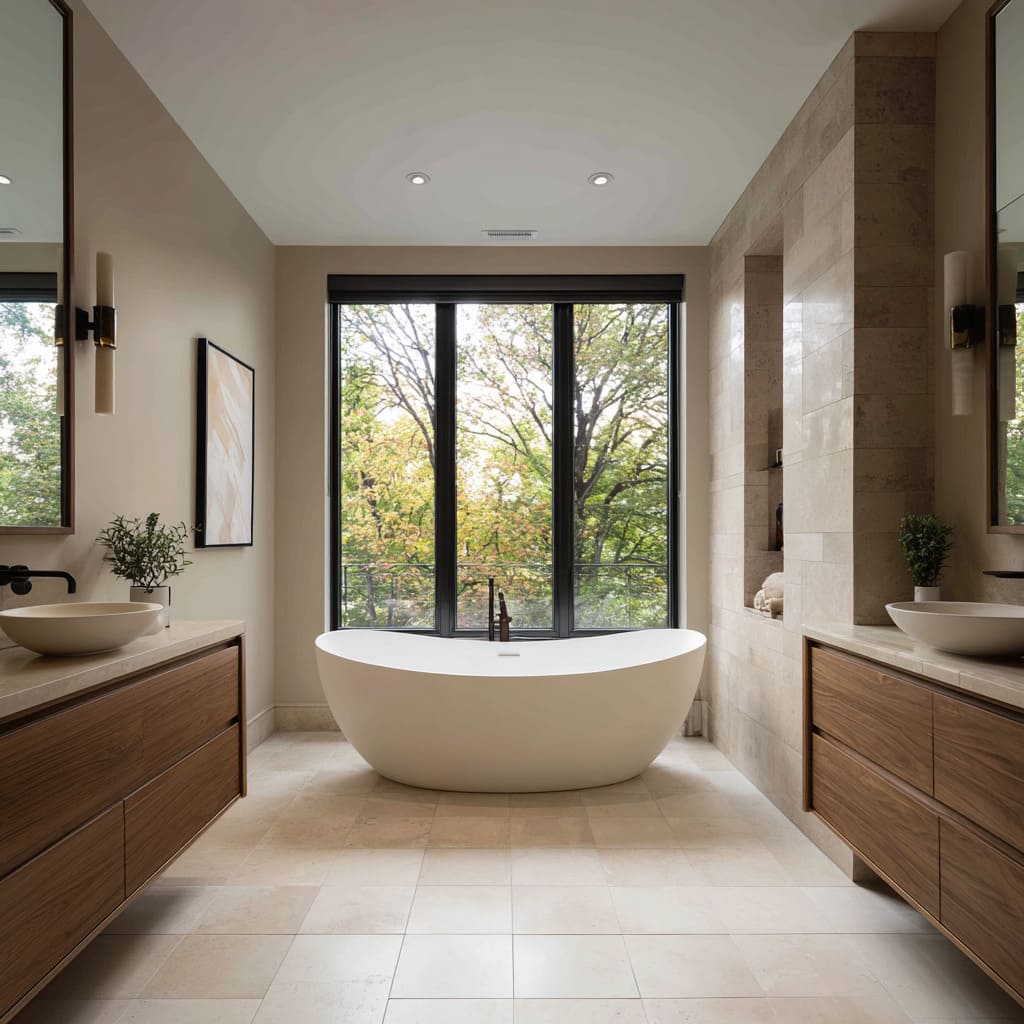 Symmetrical spa-like suite concept where a sculpted tub faces a full wall of trees and black framing. Symmetrical spa-like suite concept where a sculpted tub faces a full wall of trees and black framing.