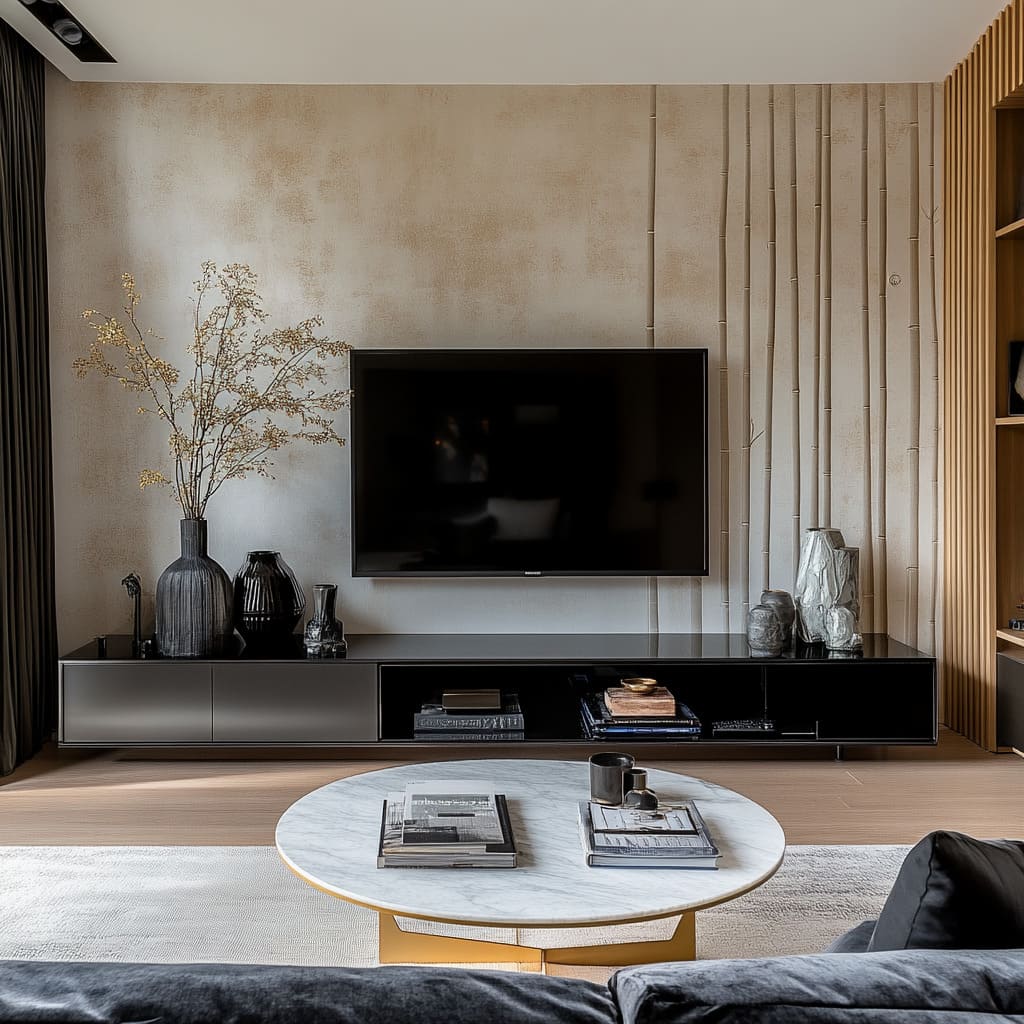 TV wall designwith a darker earth palette, where bamboo becomes a quiet sculptural screen TV wall designwith a darker earth palette, where bamboo becomes a quiet sculptural screen