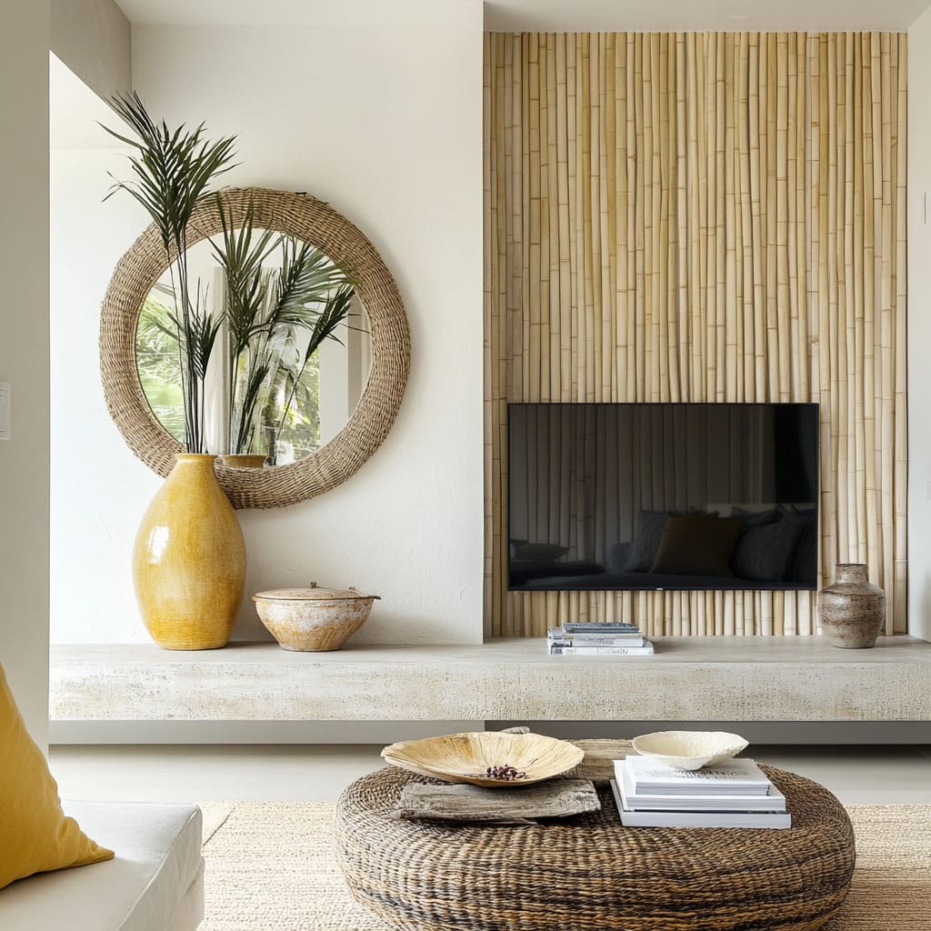Television decorating ideas with real bamboo cladding as the quiet texture field, balanced by woven fiber and sun-baked ceramics Television decorating ideas with real bamboo cladding as the quiet texture field, balanced by woven fiber and sun-baked ceramics