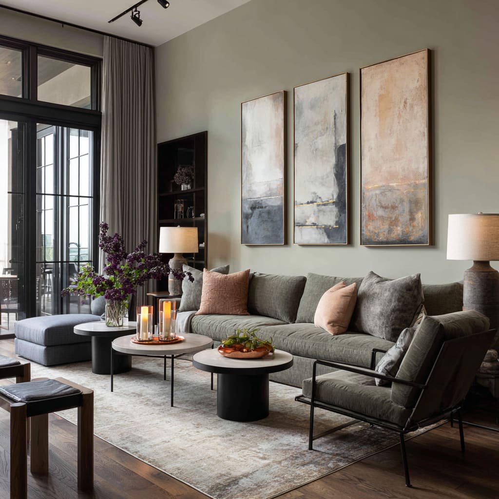 The main wall color here reads like a soft sage-gray with a slightly dusty, clay undertone calm, grown-up, and intentionally muted The main wall color here reads like a soft sage-gray with a slightly dusty, clay undertone calm, grown-up, and intentionally muted
