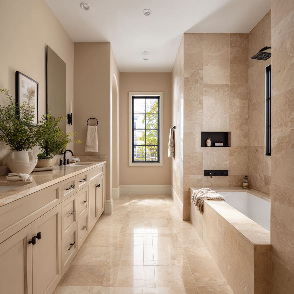 Very long sandy gallery bathroom concept with classic cabinetry and a stone-wrapped tub marked by black pockets. Very long sandy gallery bathroom concept with classic cabinetry and a stone-wrapped tub marked by black pockets.