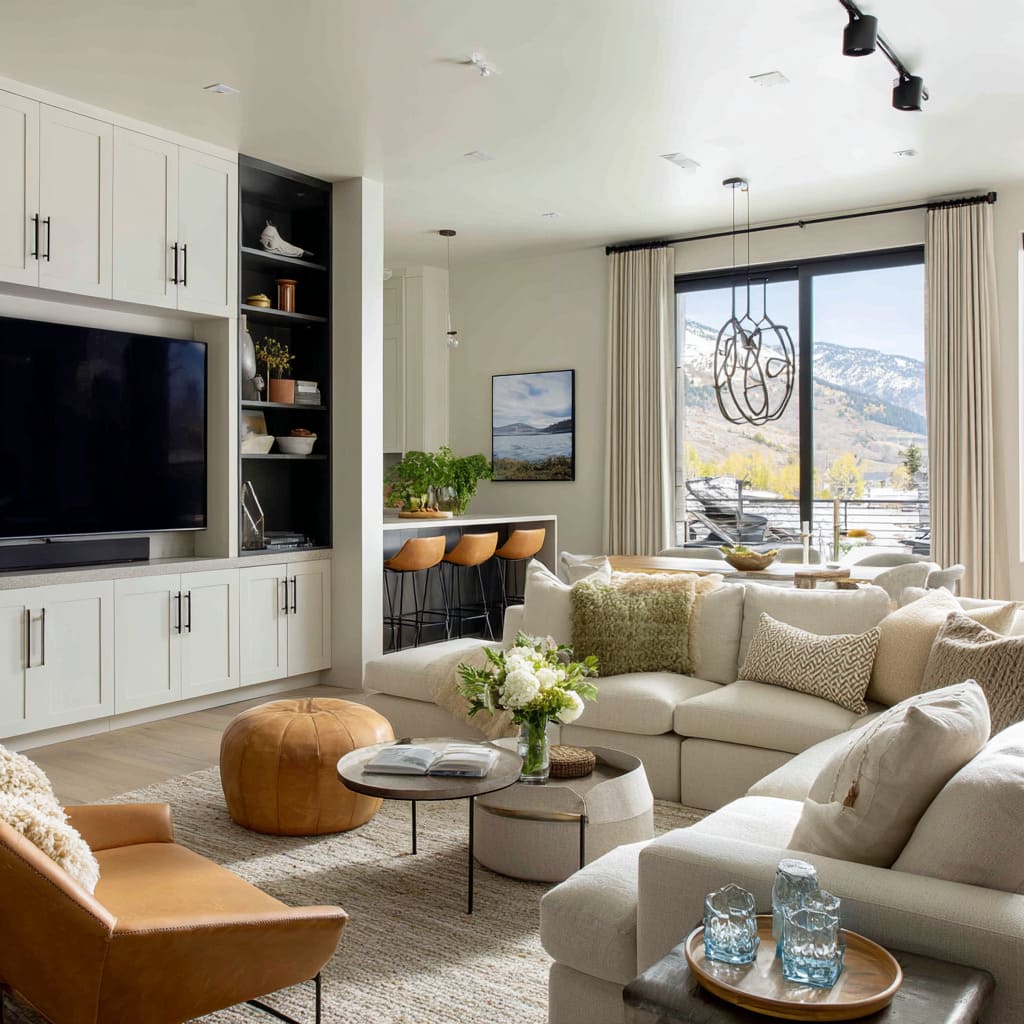 Warm off-white shell with soft contrast built-ins that act like trim, not a feature wall Warm off-white shell with soft contrast built-ins that act like trim, not a feature wall