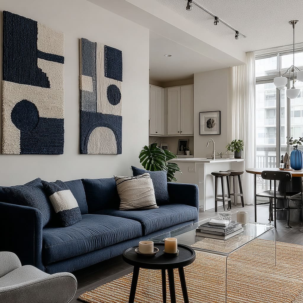 a deep navy sofa that functions like a structural element in the design a deep navy sofa that functions like a structural element in the design