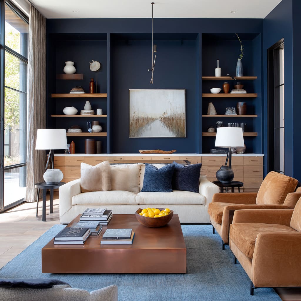 a saturated deep navy on the entire built-in wall an immersive color that turns the wall into a backdrop and a storage feature at the same time a saturated deep navy on the entire built-in wall an immersive color that turns the wall into a backdrop and a storage feature at the same time