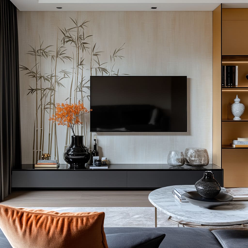 bamboo linework becomes a soft shadow forest decorating idea for the TV wall, grounded by deep charcoal and warmed by amber shelving bamboo linework becomes a soft shadow forest decorating idea for the TV wall, grounded by deep charcoal and warmed by amber shelving