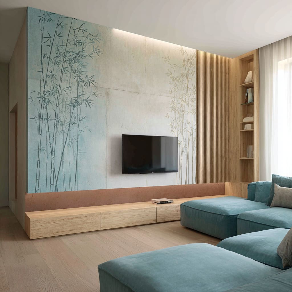 birch linework turns a plain wall design into a walking forest, grounded by clay-orange cabinetry and warm leather birch linework turns a plain wall design into a walking forest, grounded by clay-orange cabinetry and warm leather