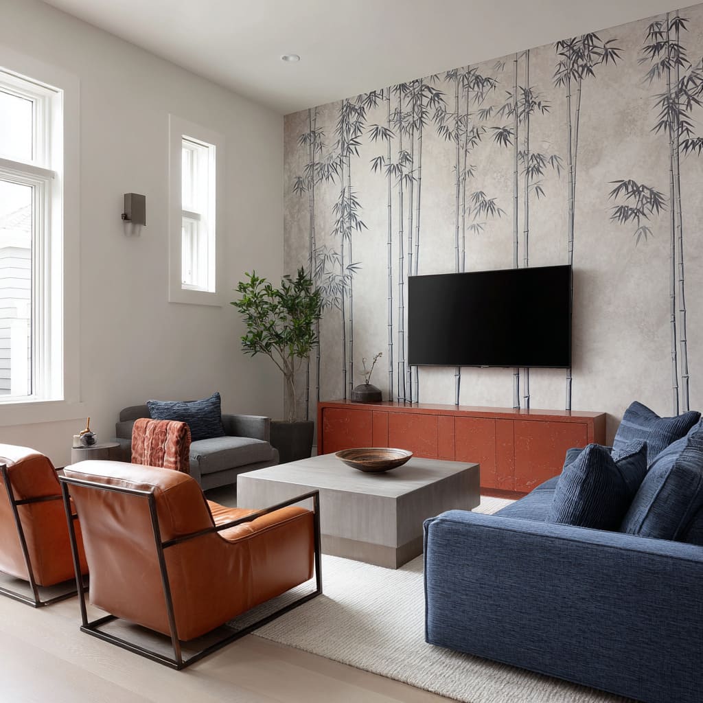 clay-red cabinetry and softened by mixed seating textures complete a TV wall concept clay-red cabinetry and softened by mixed seating textures complete a TV wall concept