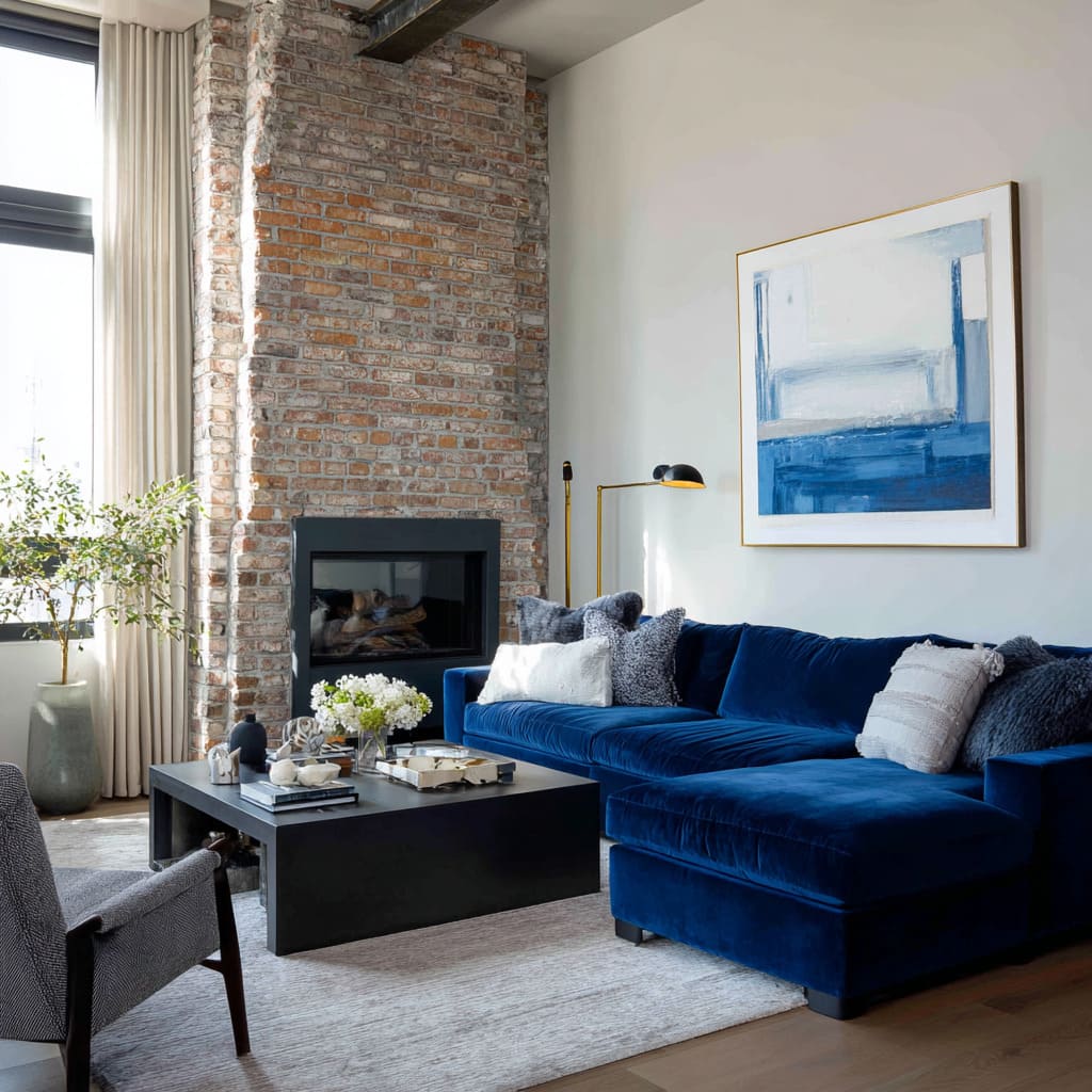cobalt velvet sectional against raw brick with a black fireplace cobalt velvet sectional against raw brick with a black fireplace