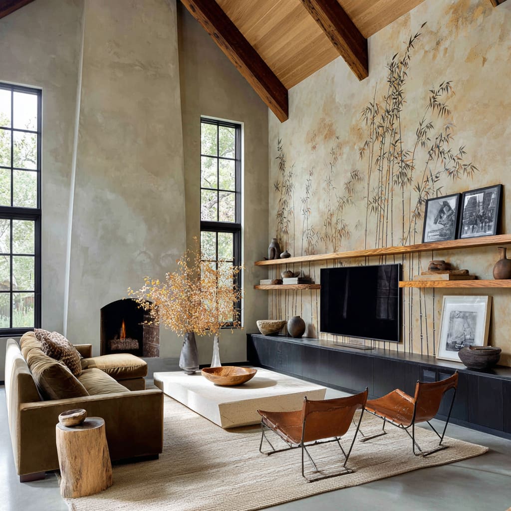 cool mist bamboo screen, mixing pale stone panels, a soft color wash, and a wood slat volume cool mist bamboo screen, mixing pale stone panels, a soft color wash, and a wood slat volume