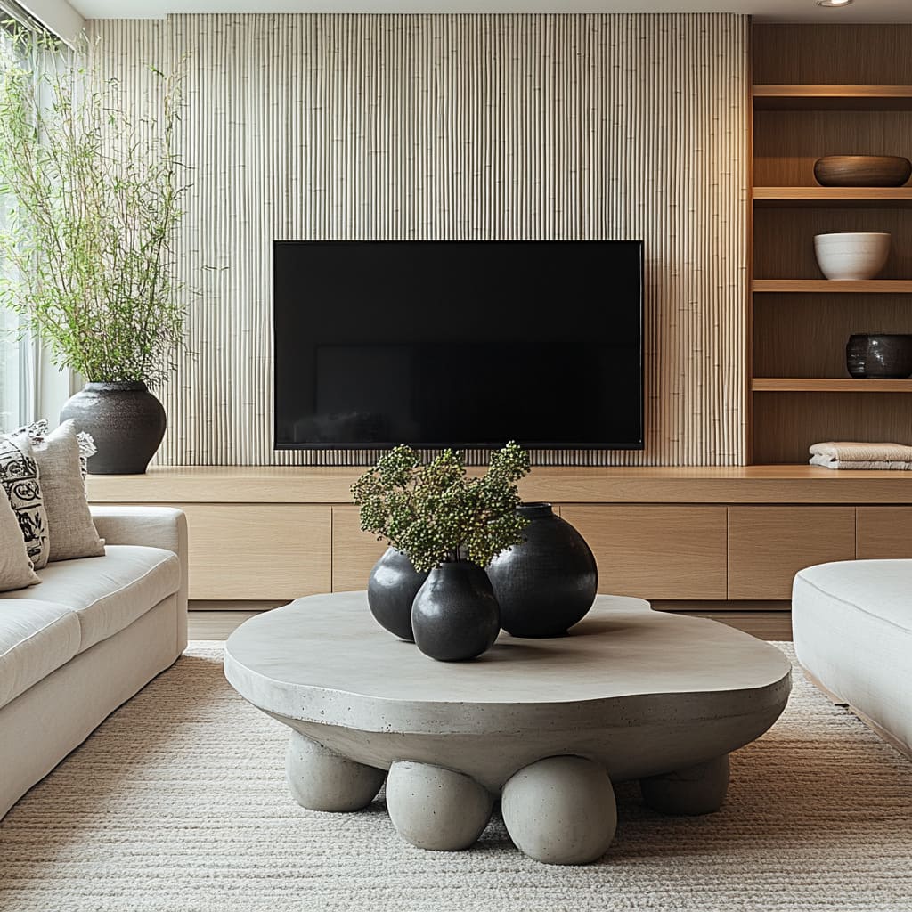 fine vertical reeds feature wall design, pale wood calm, and stone-like furniture forms that feel grown fine vertical reeds feature wall design, pale wood calm, and stone-like furniture forms that feel grown