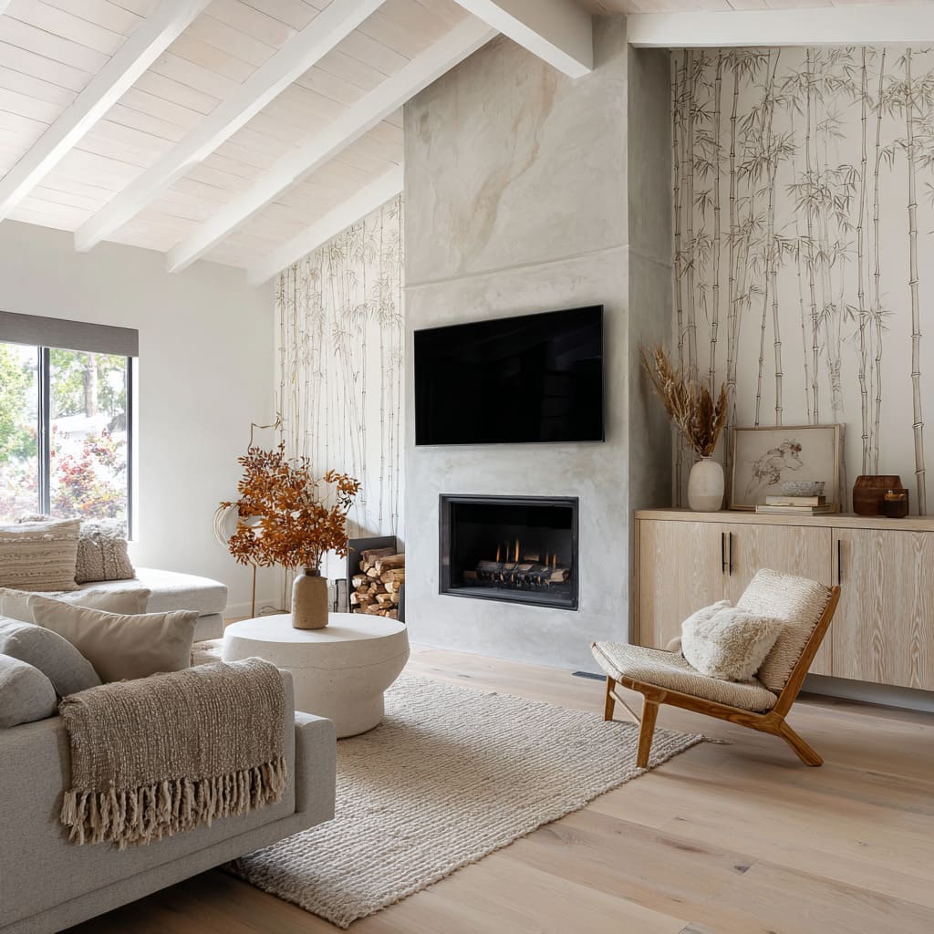 fireplace wall that blends Scandinavian softness with Japandi linework in one concept, using breathing space as the main luxury fireplace wall that blends Scandinavian softness with Japandi linework in one concept, using breathing space as the main luxury