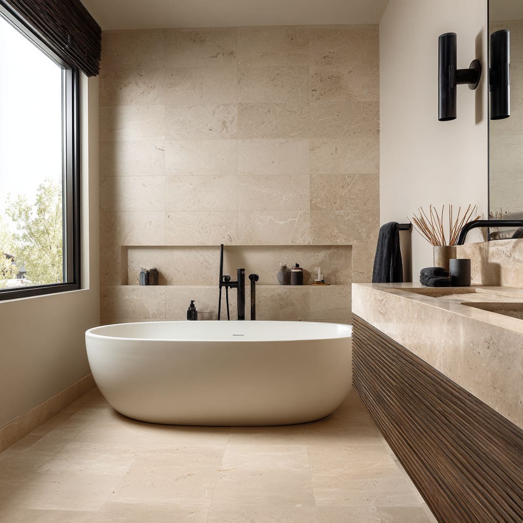 freestanding tub scene with horizontal stone niche and dark timber band. freestanding tub scene with horizontal stone niche and dark timber band.