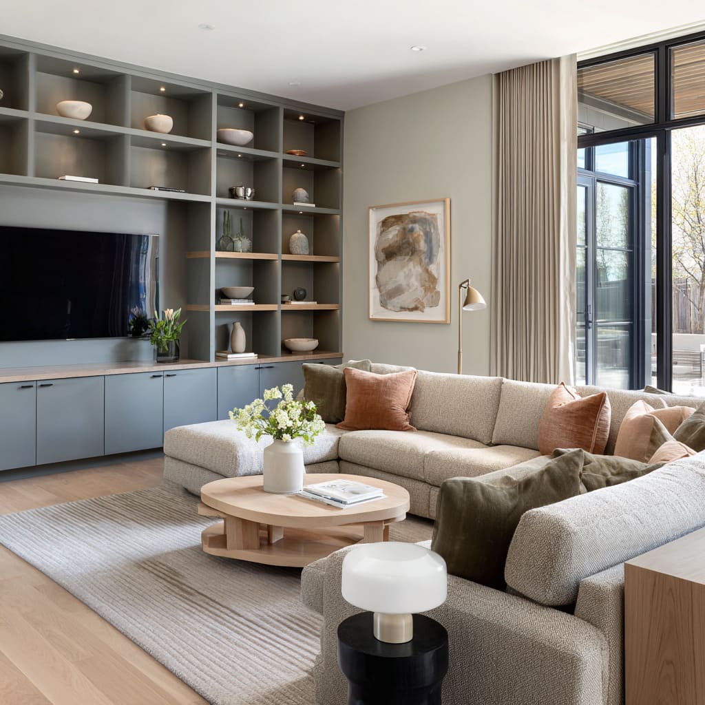 greige wall and dusty blue-gray built-in wall that keeps the room warm, not sterile greige wall and dusty blue-gray built-in wall that keeps the room warm, not sterile