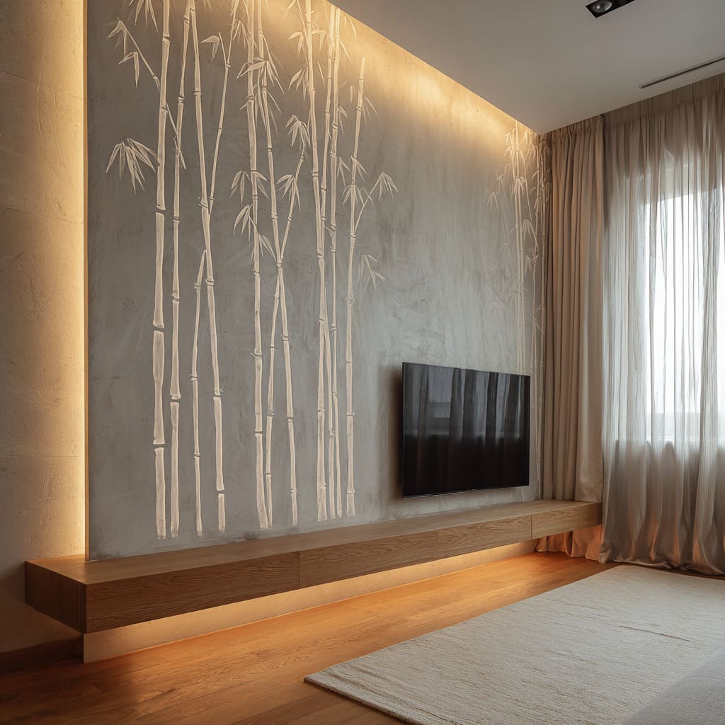 luxury modern TV wall ideas where bamboo becomes a light-carved shadow, and warm grazing light turns the wall into atmosphere luxury modern TV wall ideas where bamboo becomes a light-carved shadow, and warm grazing light turns the wall into atmosphere