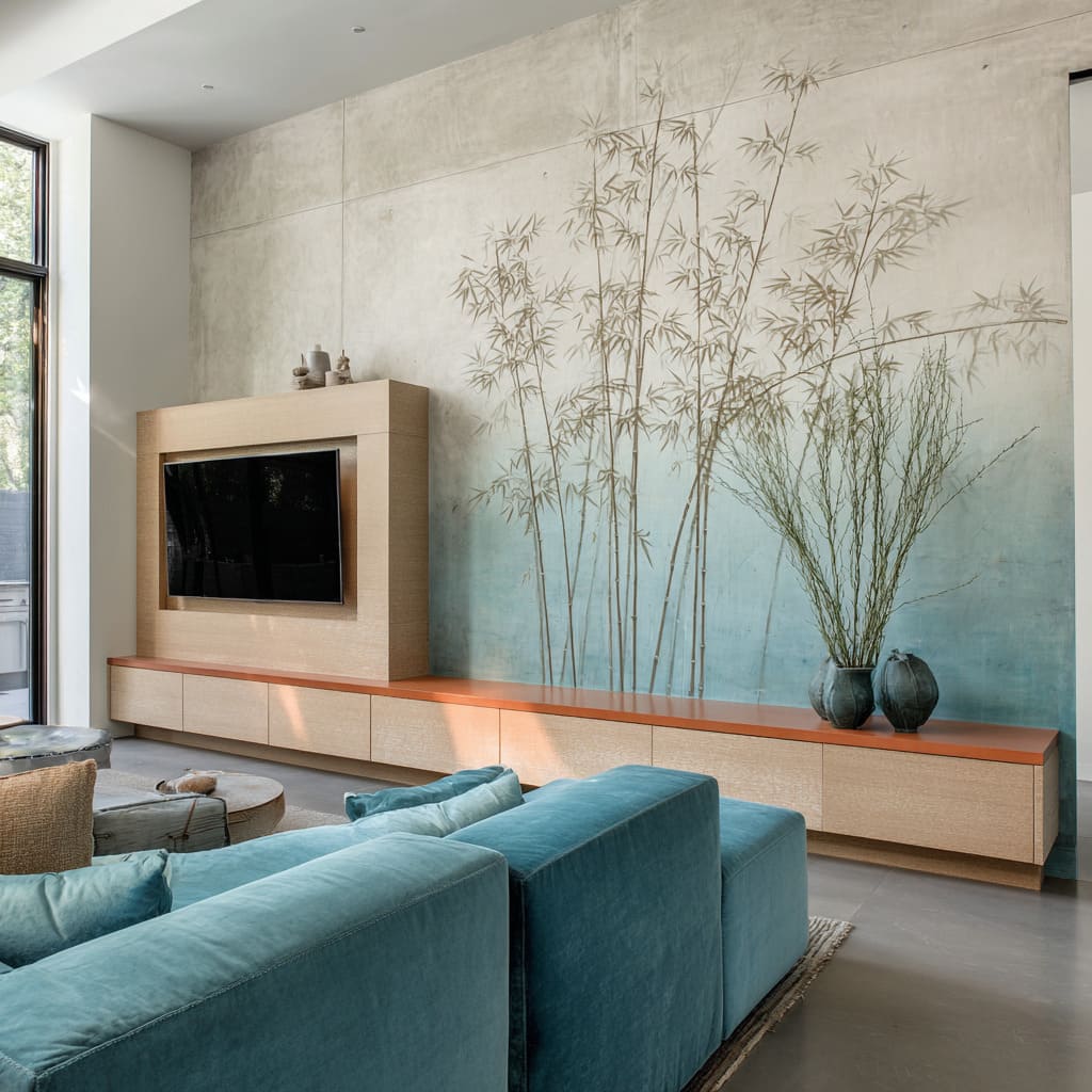 misty blue wash, pale stone panels, and a framed-in TV volume that feels like furniture misty blue wash, pale stone panels, and a framed-in TV volume that feels like furniture