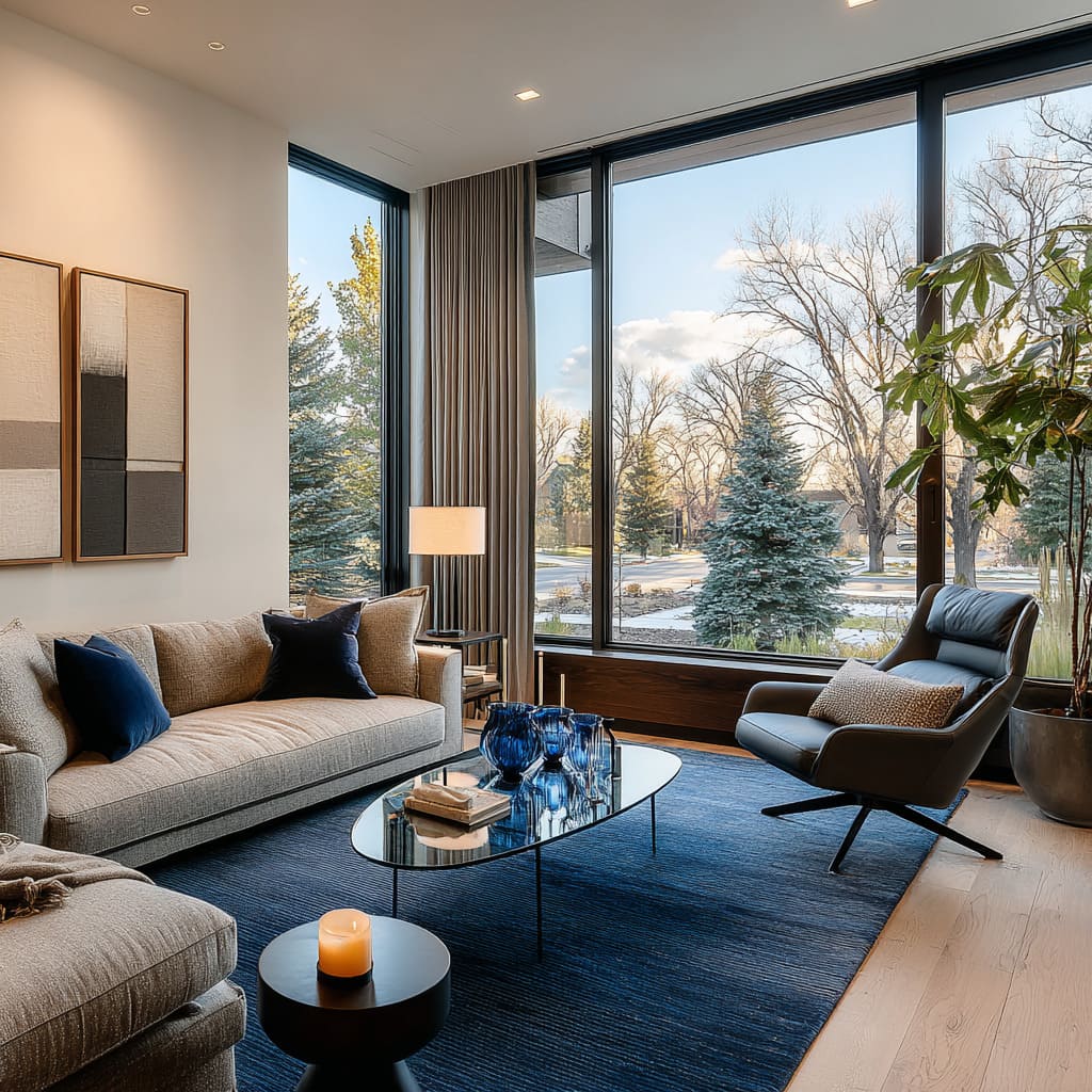 off-white wall with blue as the controlled accent, letting the window view become part of the palette off-white wall with blue as the controlled accent, letting the window view become part of the palette