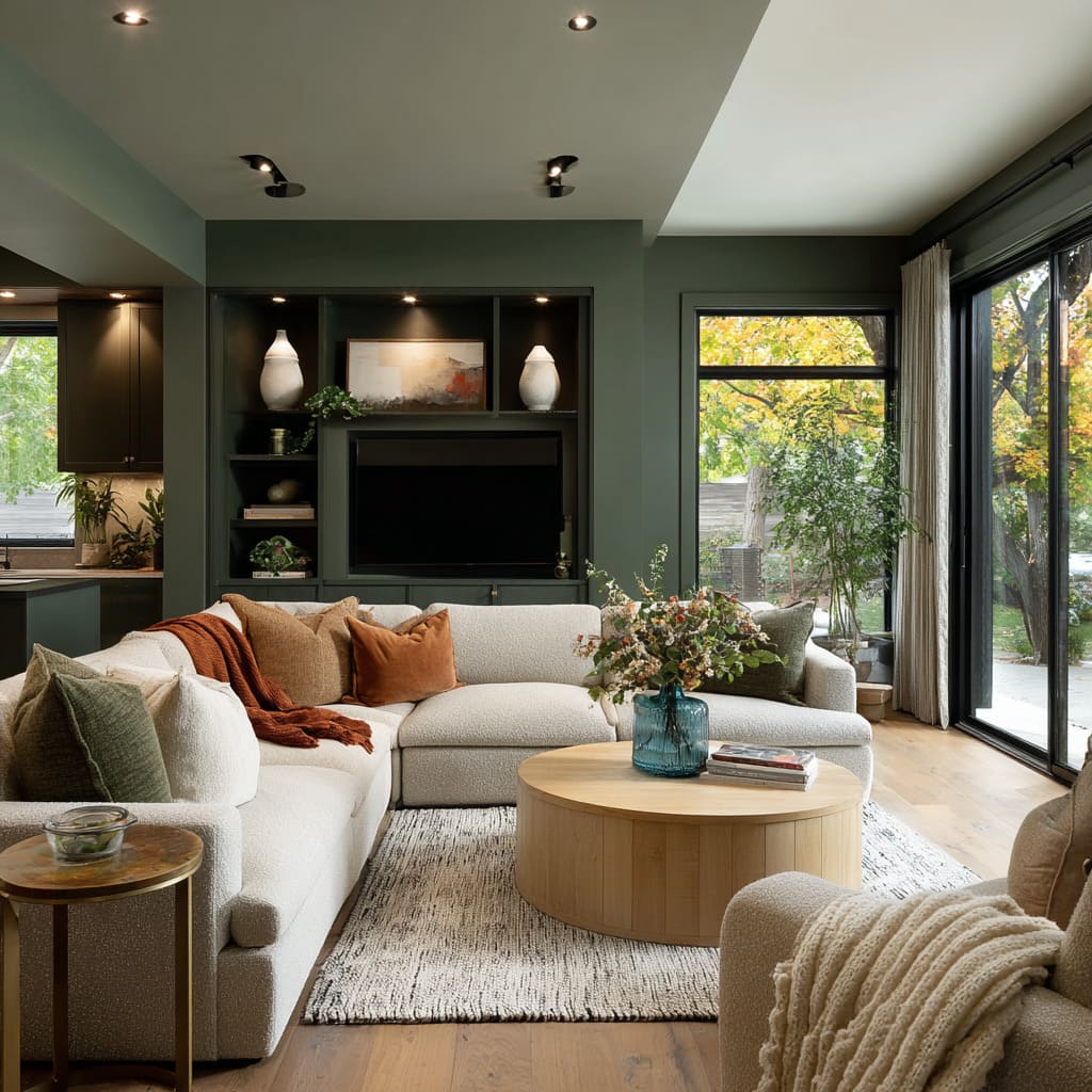 olive green built-in TV wall that feels sunken in and cozy, with warm clay accents olive green built-in TV wall that feels sunken in and cozy, with warm clay accents