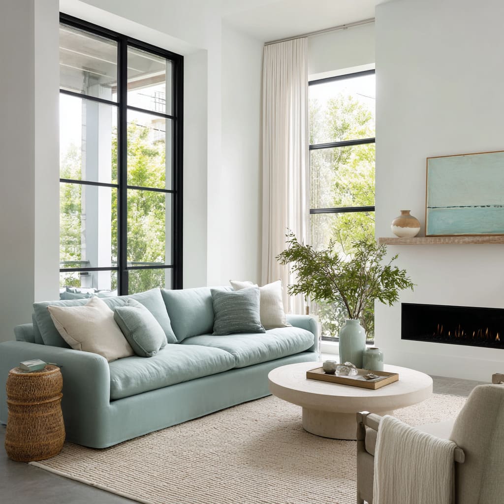 seafoam-blue sofa in a bright modern setup with black window frames and creamy neutrals and soft green ceramics seafoam-blue sofa in a bright modern setup with black window frames and creamy neutrals and soft green ceramics
