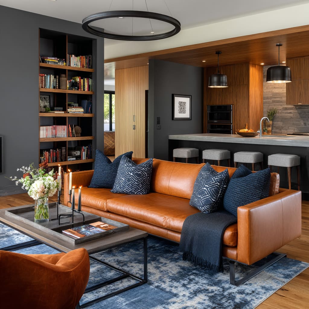 slate-gray wall as a quiet stage for warm wood and a caramel leather sofa slate-gray wall as a quiet stage for warm wood and a caramel leather sofa