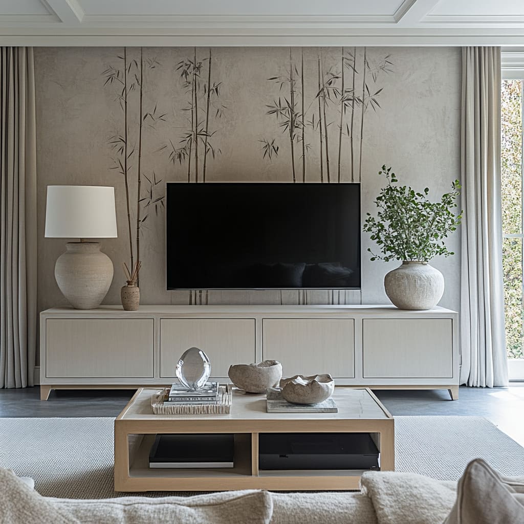 stylish TV wall idea where the plant and the painted plant quietly blend into one calm scene stylish TV wall idea where the plant and the painted plant quietly blend into one calm scene