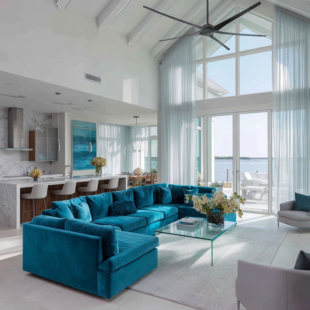 waterfront open-plan with vivid turquoise-blue sectional, where blue becomes the cool anchor waterfront open-plan with vivid turquoise-blue sectional, where blue becomes the cool anchor