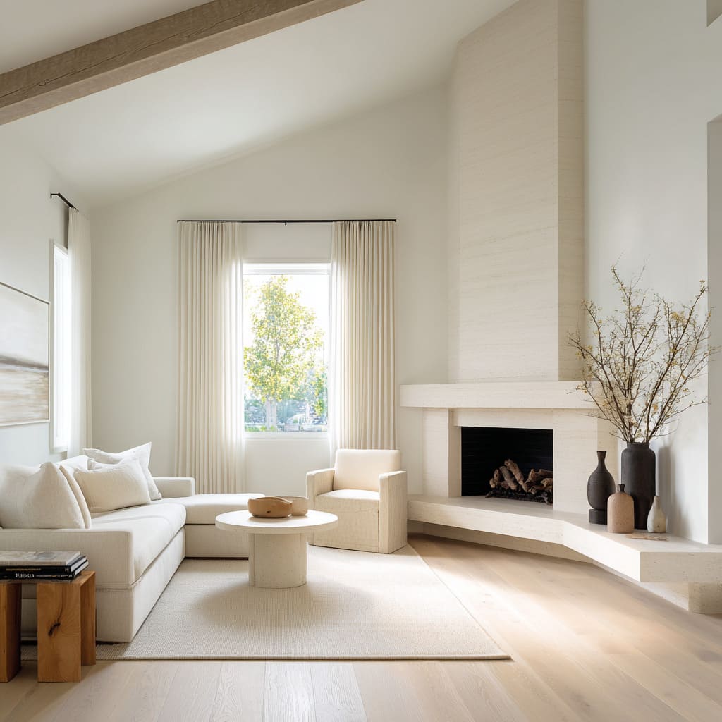 white corner fireplace idea with a long, sculpted hearth ledge that reads like a quiet stage for objects.jpg
