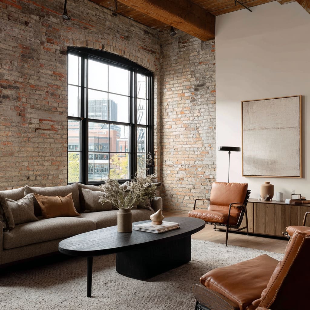 Brick loft living room design with arched black window, gray sofa, black oval table, leather chairs, and pale rug Brick loft living room design with arched black window, gray sofa, black oval table, leather chairs, and pale rug