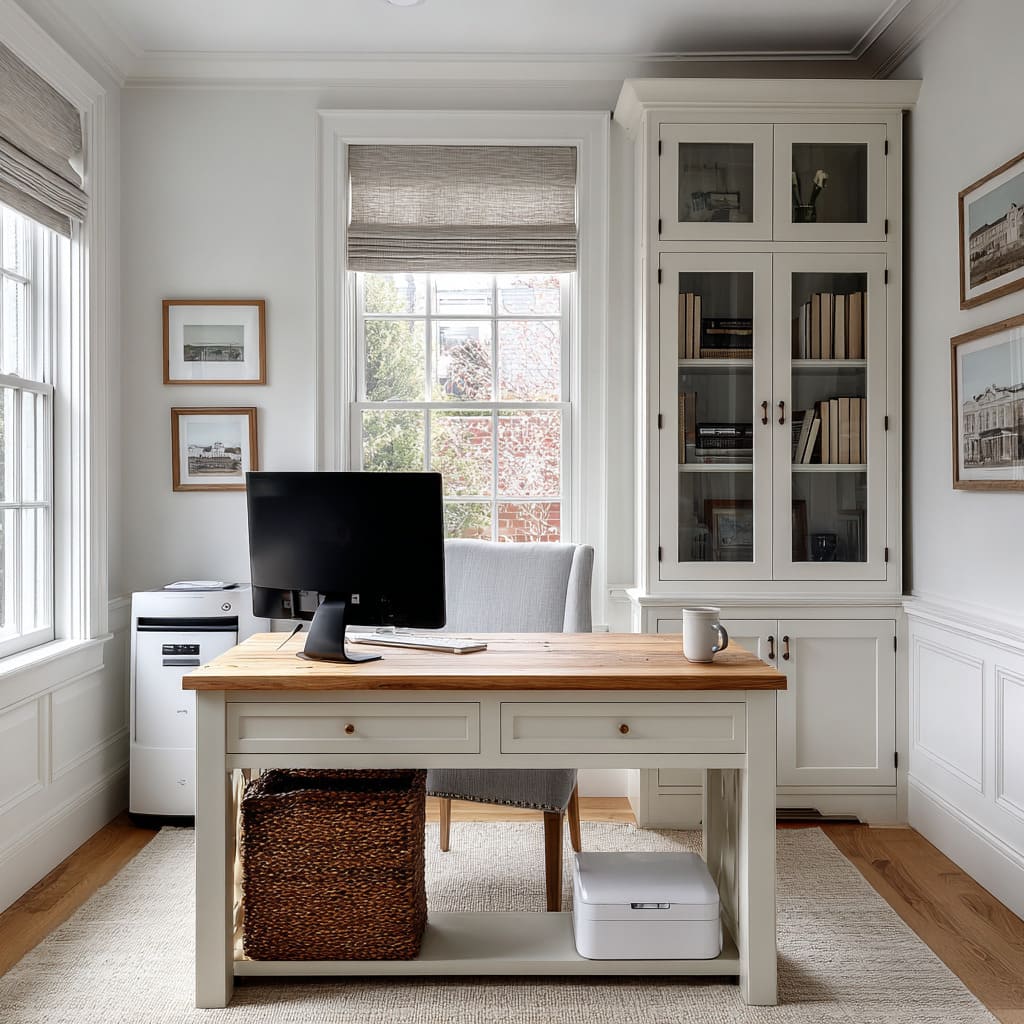 Bright farmhouse office design with wood-top desk, glass-front cabinet, and woven Roman shade Bright farmhouse office design with wood-top desk, glass-front cabinet, and woven Roman shade