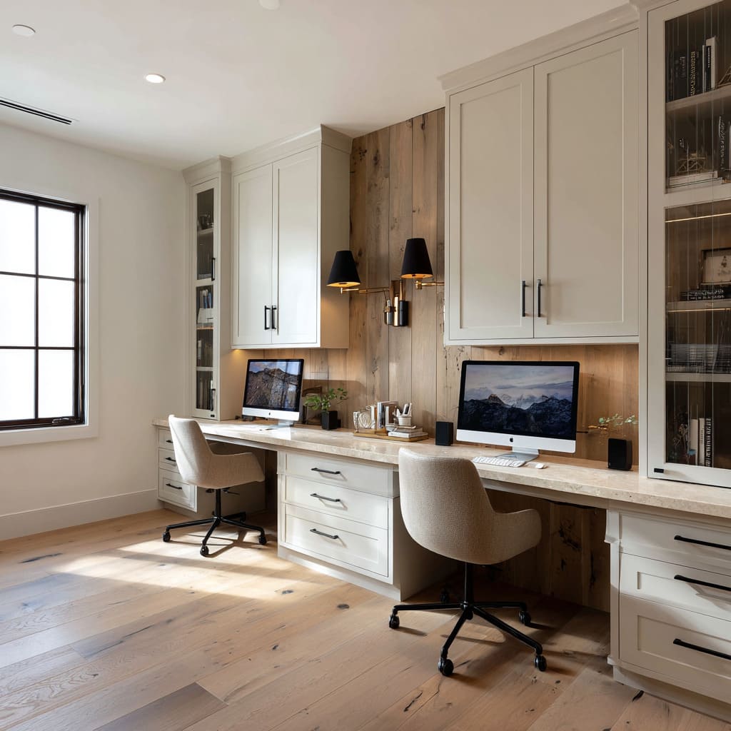Classy two-person farmhouse built-in desk wall idea with warm wood center panel and black hardware Classy two-person farmhouse built-in desk wall idea with warm wood center panel and black hardware