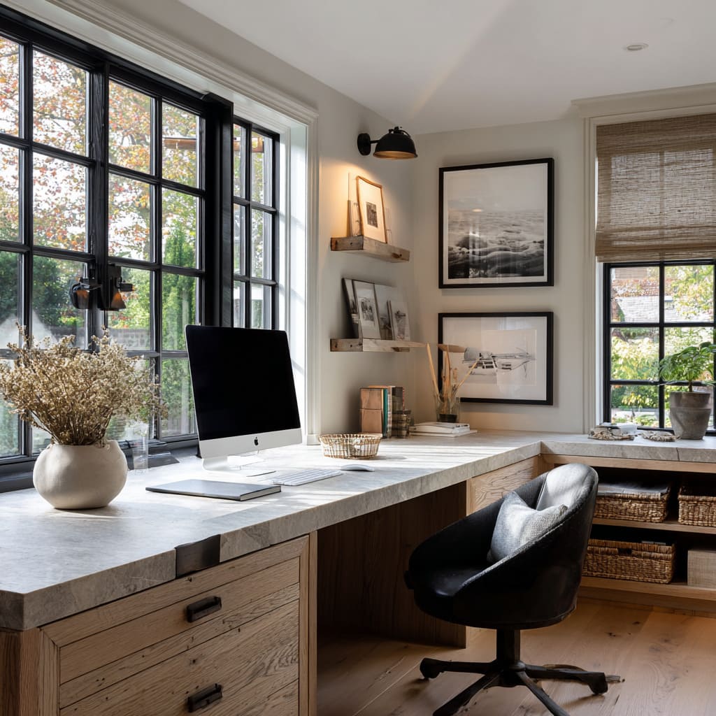 Corner stone-look desk under black windows and gallery wall with strong contrast Corner stone-look desk under black windows and gallery wall with strong contrast