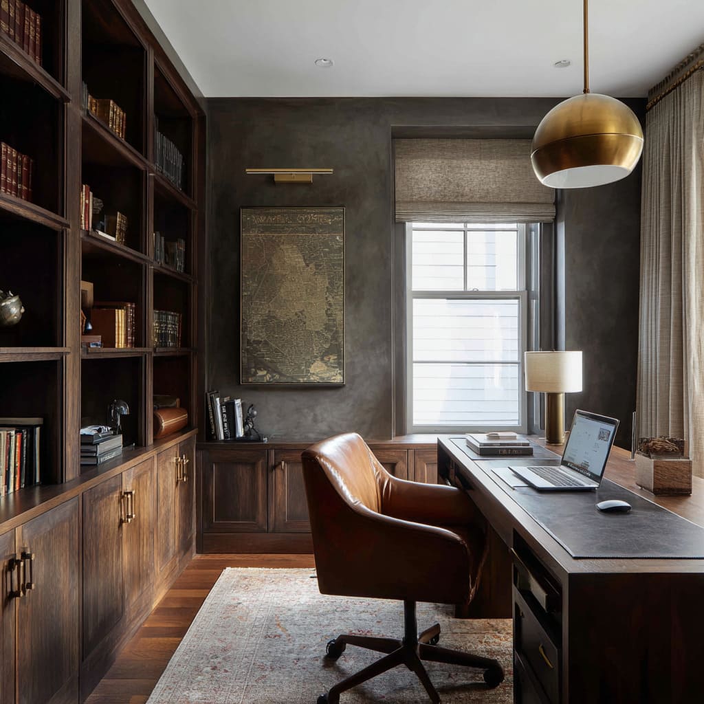 Dark farmhouse study office design with wood built-ins, brass dome pendant, and leather chair Dark farmhouse study office design with wood built-ins, brass dome pendant, and leather chair