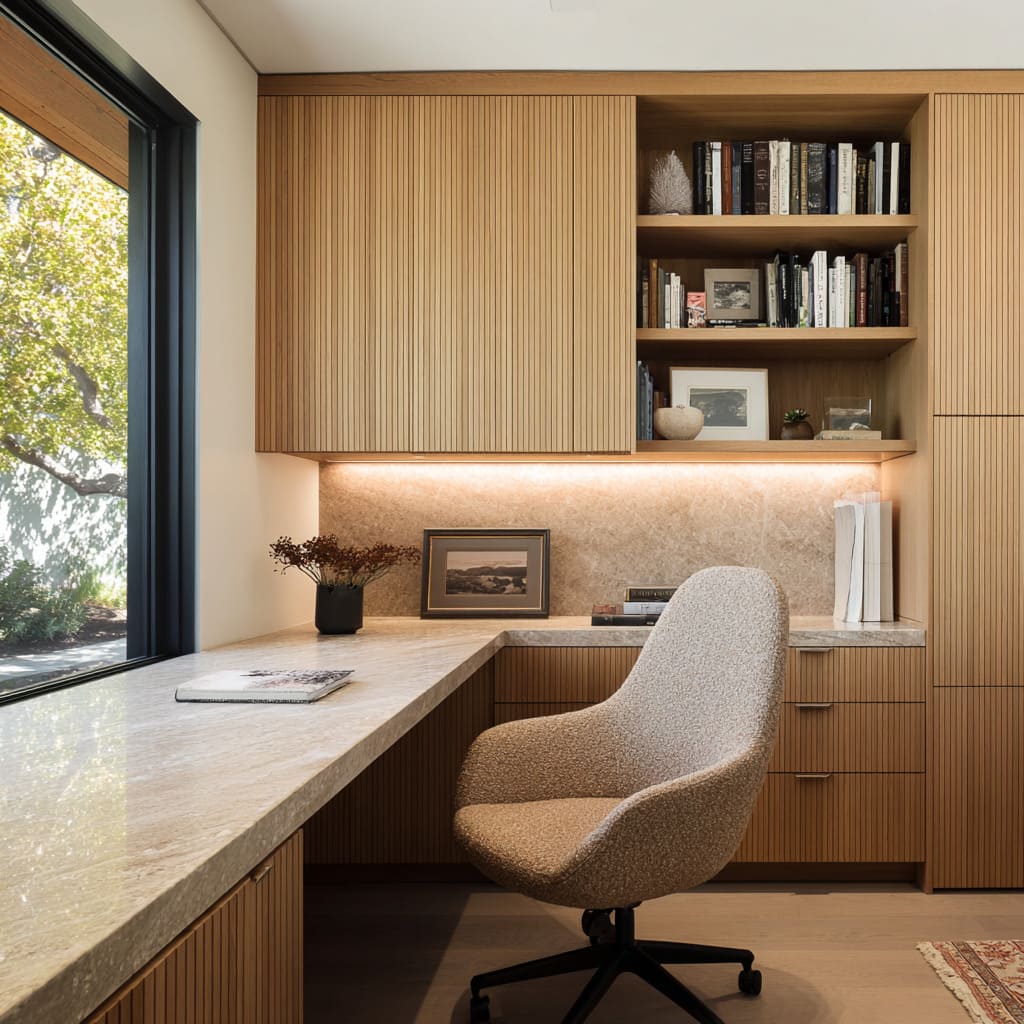 Design with a fluted wood cabinetry and open book bay with warm under-cabinet glow and L-shaped stone desk by window Design with a fluted wood cabinetry and open book bay with warm under-cabinet glow and L-shaped stone desk by window