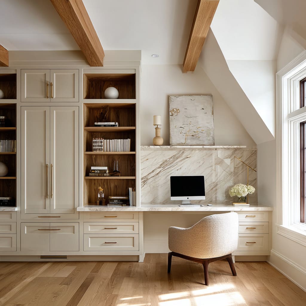 Farmhouse office concept with dramatic stone slab backdrop, warm wood shelves, and soft rounded chair Farmhouse office concept with dramatic stone slab backdrop, warm wood shelves, and soft rounded chair