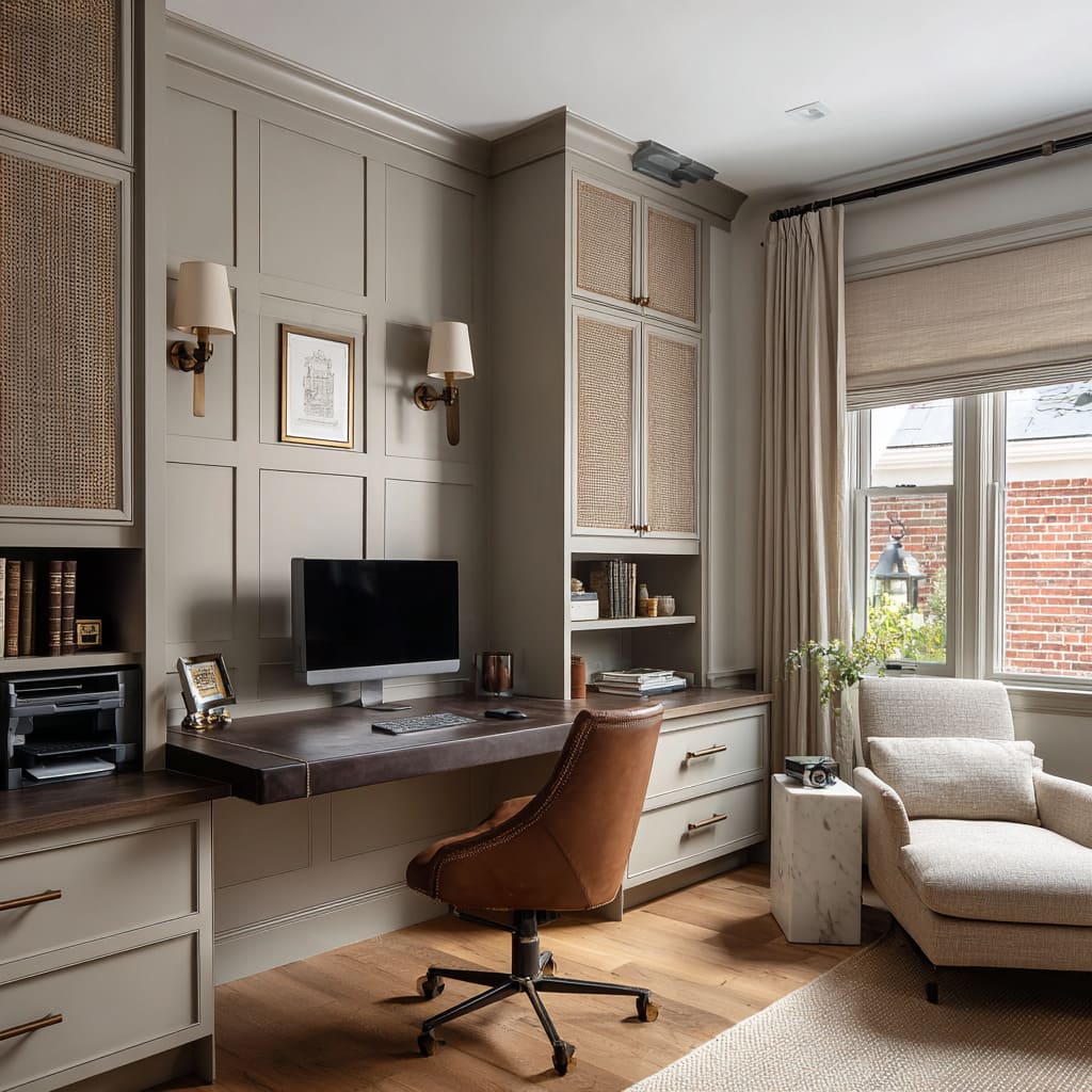 Greige built-in farmhouse desk wall with paneled backdrop and woven cabinet inserts Greige built-in farmhouse desk wall with paneled backdrop and woven cabinet inserts