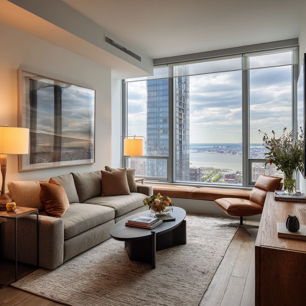 High-rise type living room concept with gray sofa, warm window bench, black oval table, and skyline view High-rise type living room concept with gray sofa, warm window bench, black oval table, and skyline view
