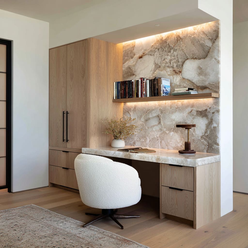 Home office interior design with a stone desk with dramatic veined slab wall and backlit shelf Home office interior design with a stone desk with dramatic veined slab wall and backlit shelf