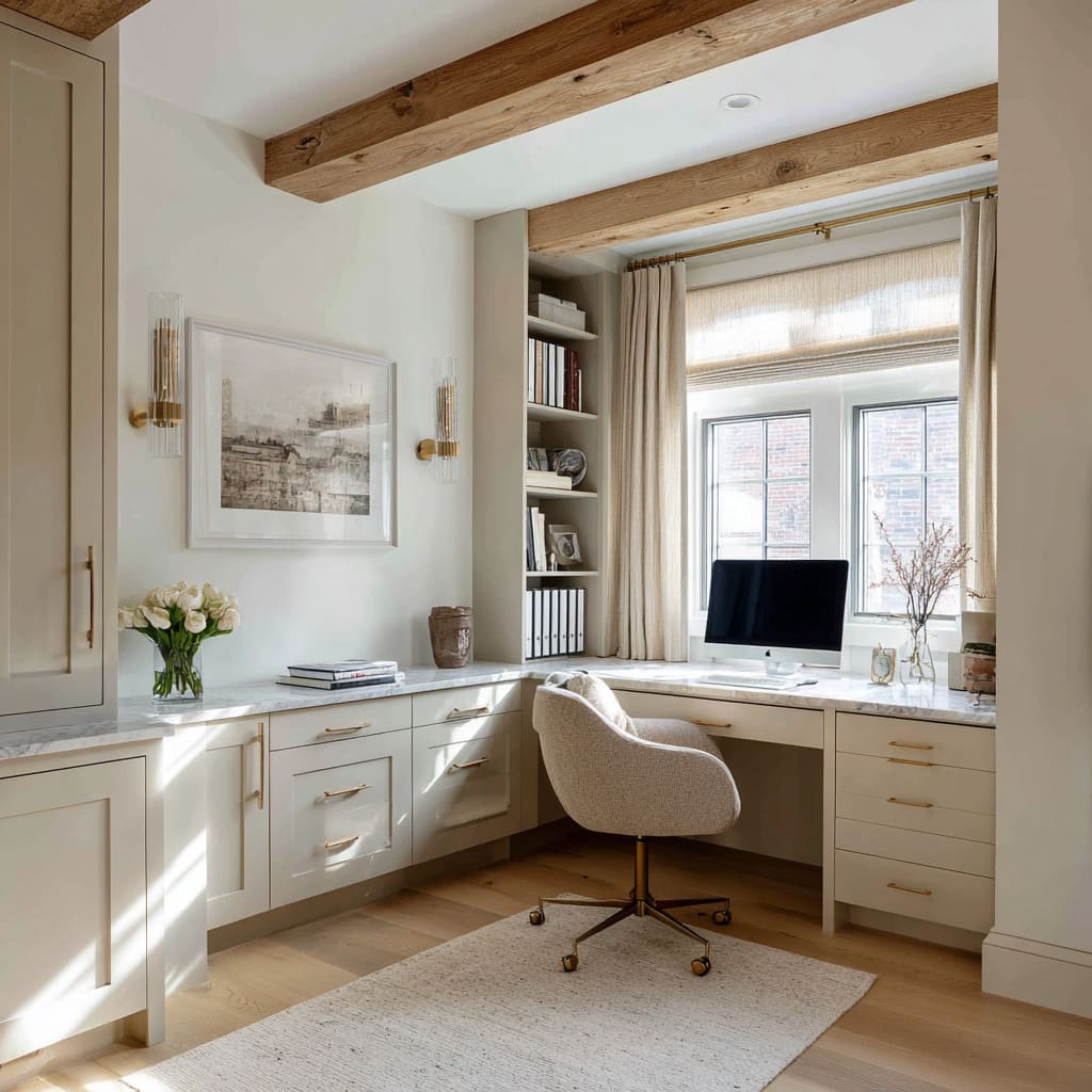 L-shaped farmhouse built-in desk with pale stone top and rustic ceiling beams L-shaped farmhouse built-in desk with pale stone top and rustic ceiling beams