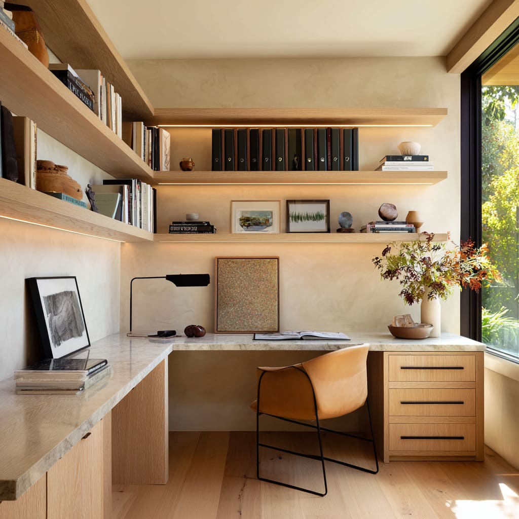 L-shaped stone desk with gallery shelves in a modern studio-like focus corner home office concept L-shaped stone desk with gallery shelves in a modern studio-like focus corner home office concept