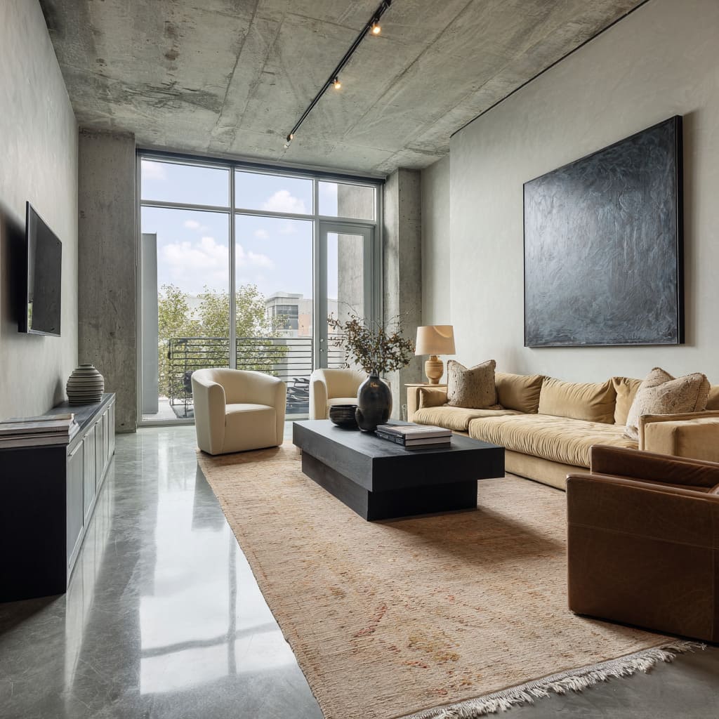 Loft living room idea with concrete ceiling, tan sofa, black block coffee table, and balcony glazing Loft living room idea with concrete ceiling, tan sofa, black block coffee table, and balcony glazing
