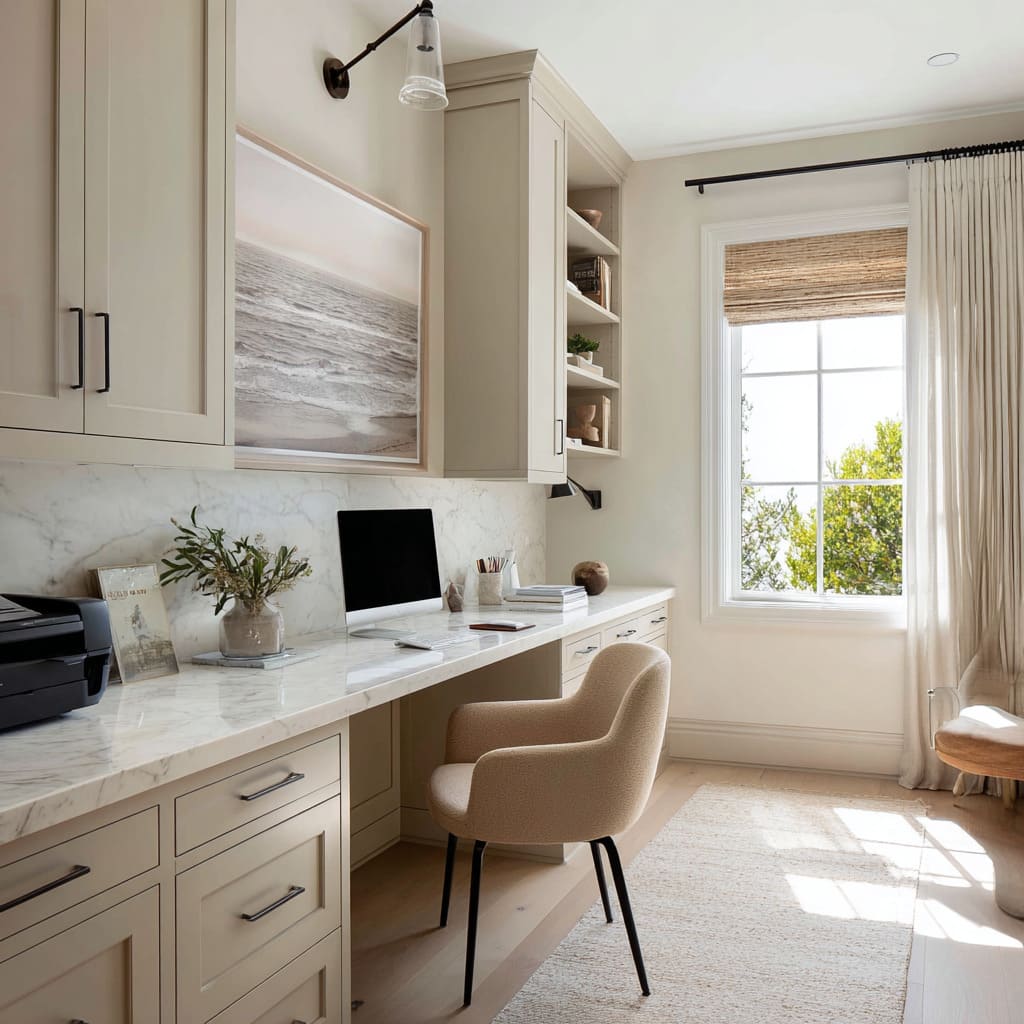 Long modern farmhouse counter desk with window light, oversized art, and soft neutrals Long modern farmhouse counter desk with window light, oversized art, and soft neutrals