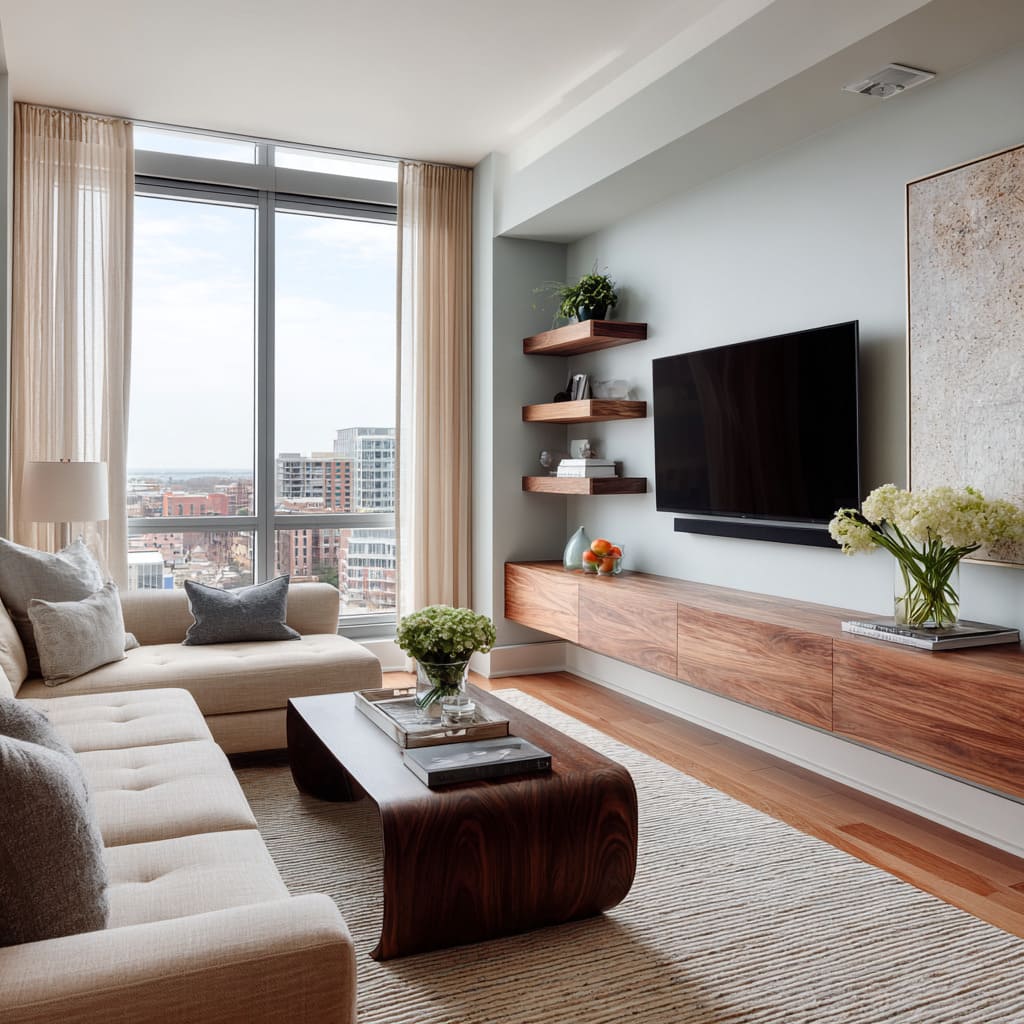 Modern condo living room design with blue-green gray wall, floating wood media cabinet, open shelves, and neutral sectional Modern condo living room design with blue-green gray wall, floating wood media cabinet, open shelves, and neutral sectional