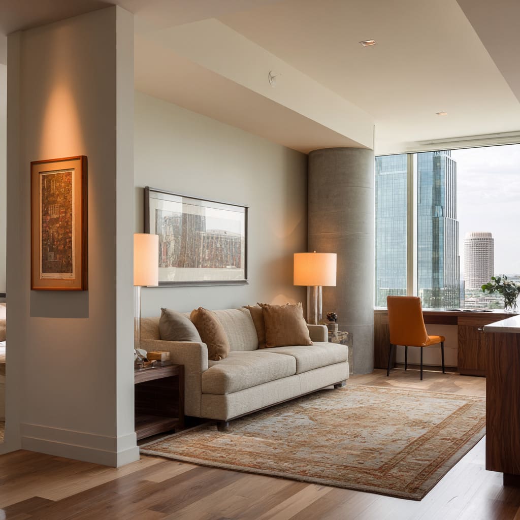 Modern condo living room design with large column, desk by window, beige sofa, and warm table lamps Modern condo living room design with large column, desk by window, beige sofa, and warm table lamps