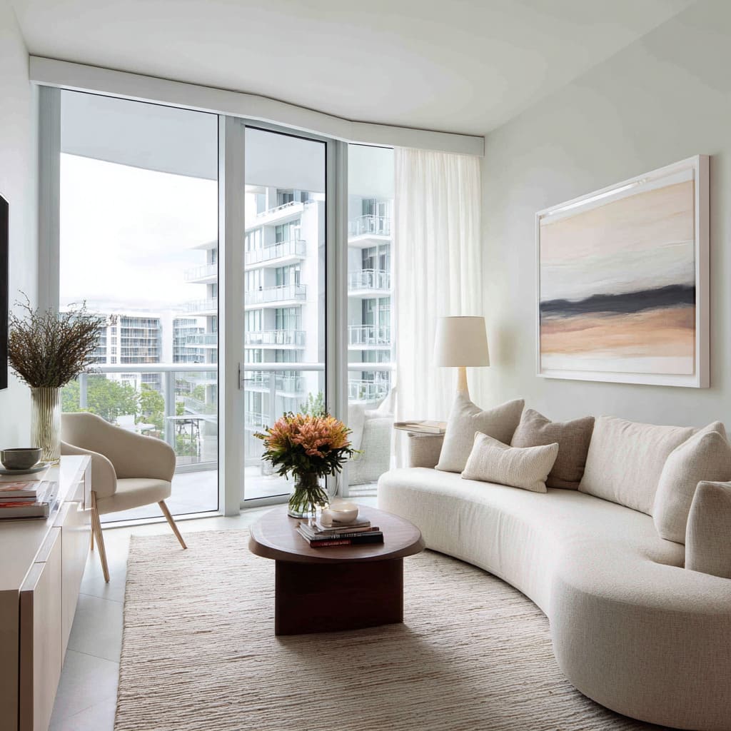 Modern urban style living room design with a curved sofa Modern urban style living room design with a curved sofa