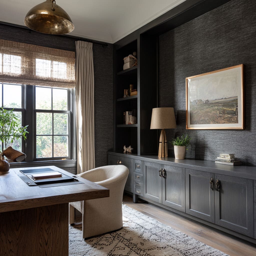 Moody farmhouse office design with dark textured walls, brass lighting, and woven shade Moody farmhouse office design with dark textured walls, brass lighting, and woven shade