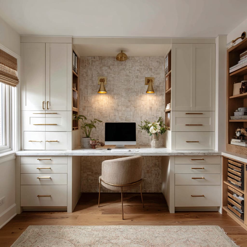 Niche-style farmhouse office concept with textured back wall, twin brass sconces, and pale stone desk Niche-style farmhouse office concept with textured back wall, twin brass sconces, and pale stone desk