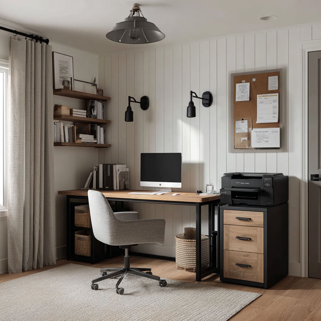 Shiplap farmhouse office wall concept with black swing-arm sconces and large corkboard Shiplap farmhouse office wall concept with black swing-arm sconces and large corkboard