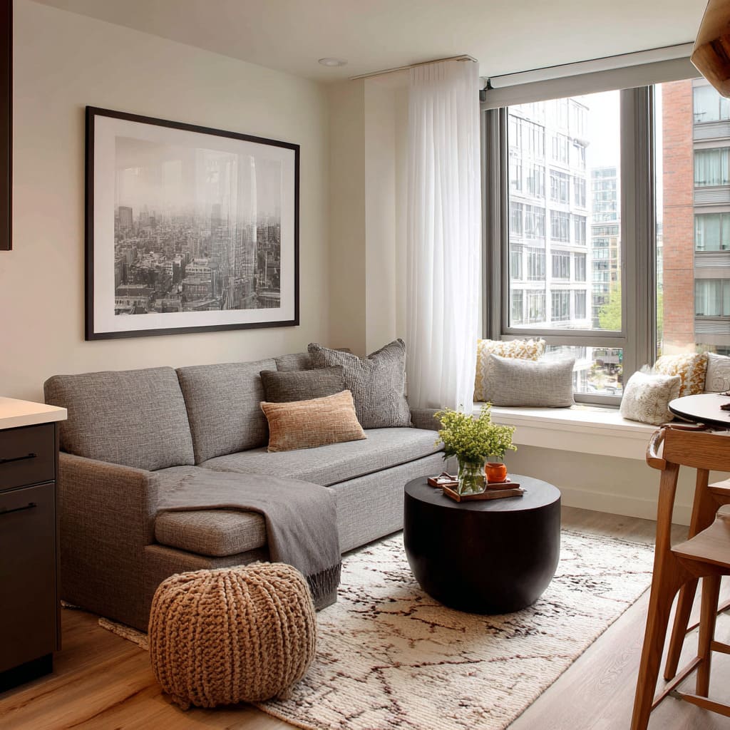 Small living and dining combo concept with gray chaise sofa, round black table, and corner window ledge seat Small living and dining combo concept with gray chaise sofa, round black table, and corner window ledge seat