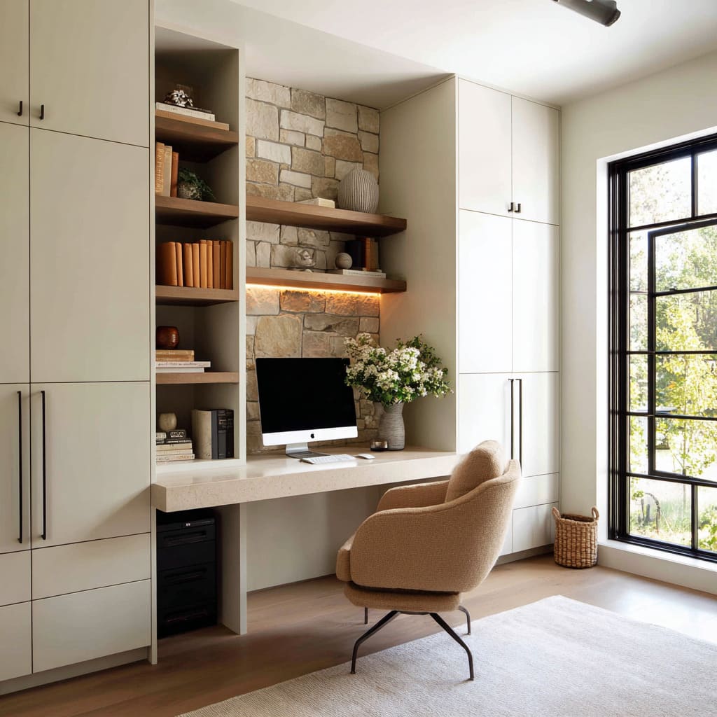 Stone feature wall farmhouse office idea with warm under-shelf lighting and light built-ins Stone feature wall farmhouse office idea with warm under-shelf lighting and light built-ins